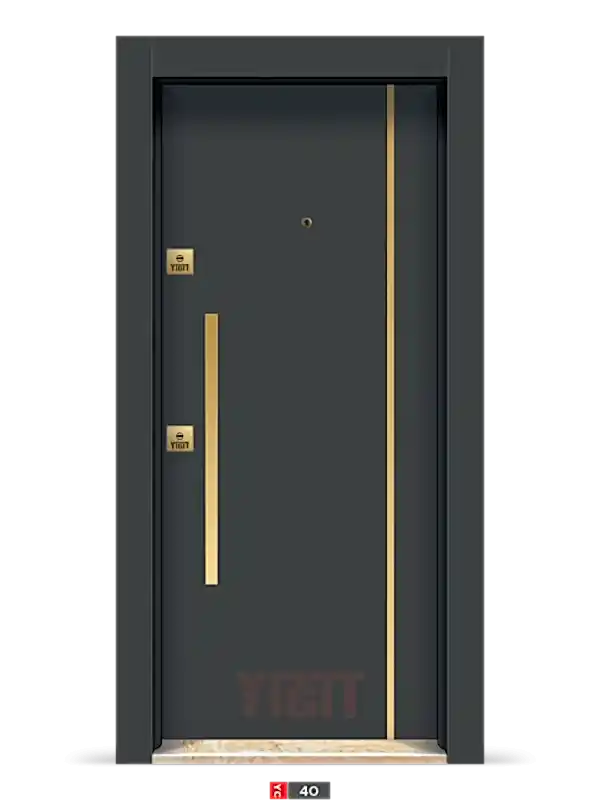 Koyu gri çelik kapı, dikey altın şeritli