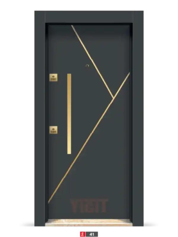 Koyu gri çelik kapı, çapraz altın çizgili