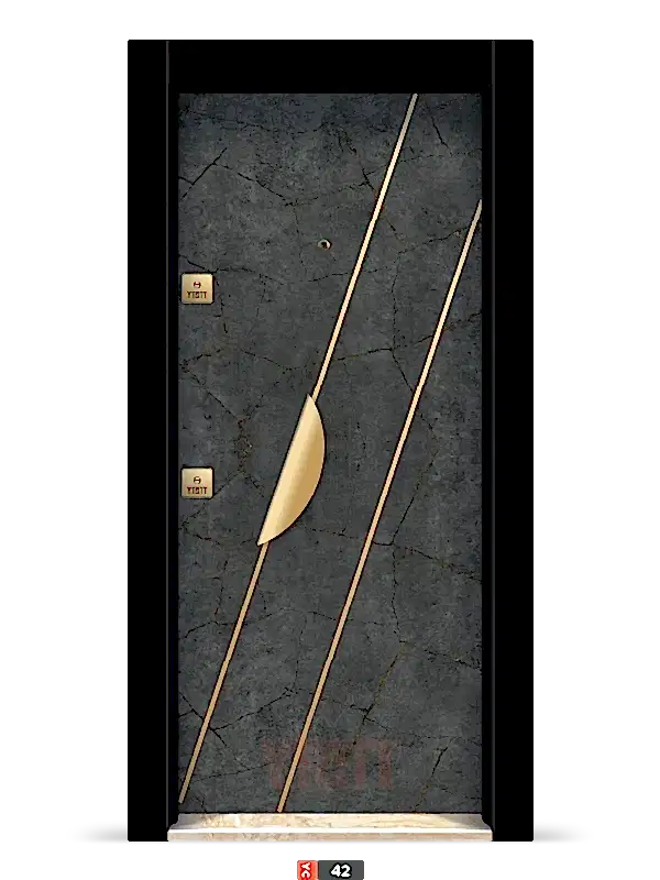 Beyaz çelik kapı, altın geometrik çizgili