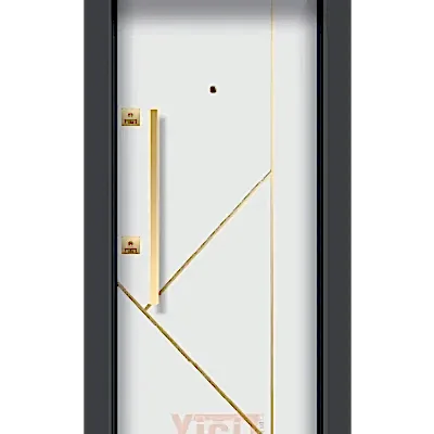 Ahşap desenli çelik kapı, siyah kıvrımlı çizgili