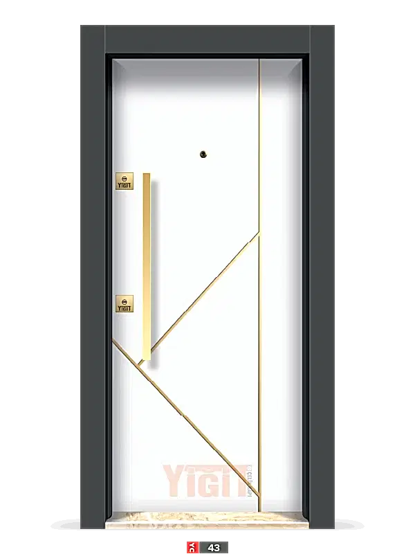 Ahşap desenli çelik kapı, siyah kıvrımlı çizgili