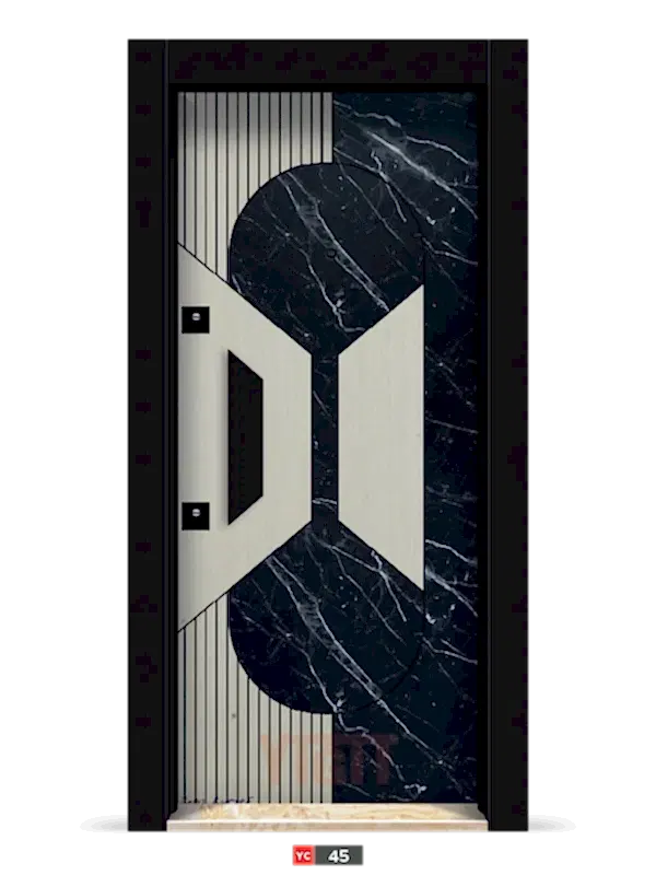 Ahşap desenli çelik kapı, siyah çerçeveli