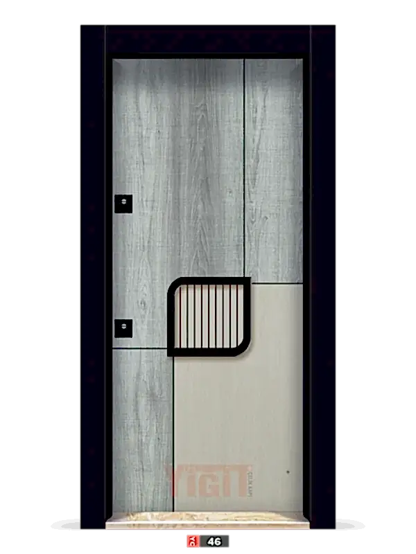 Ahşap panel ve gri alt bölüm kombinasyonlu çelik kapı