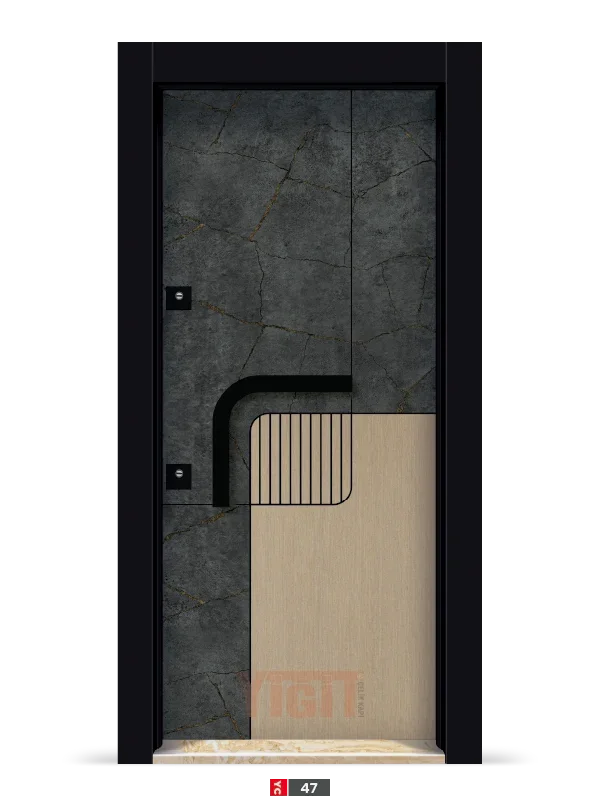 Taş desenli çelik kapı, kıvrımlı metal kulplu