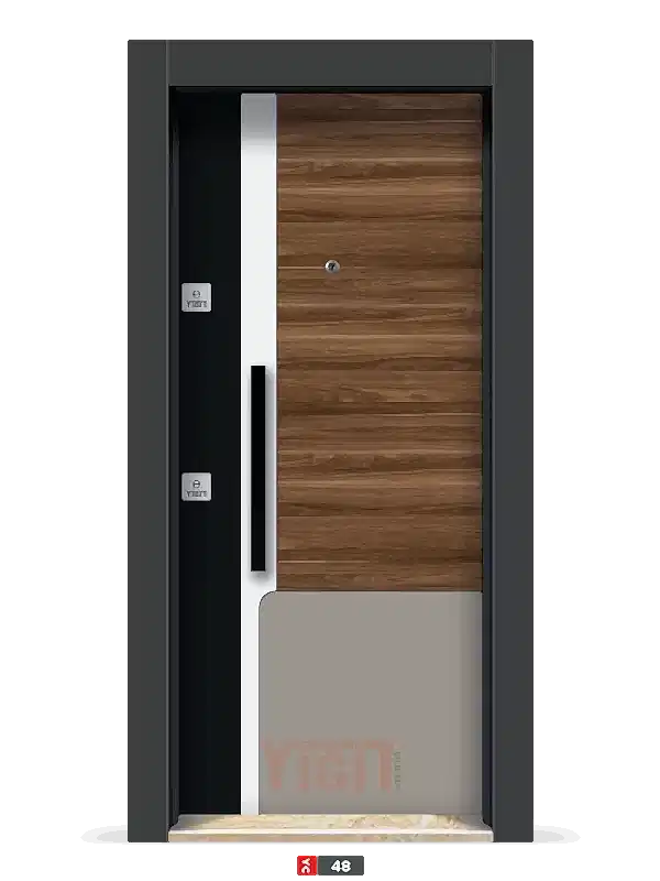 Açık renkli çelik kapı, siyah altıgen desenli