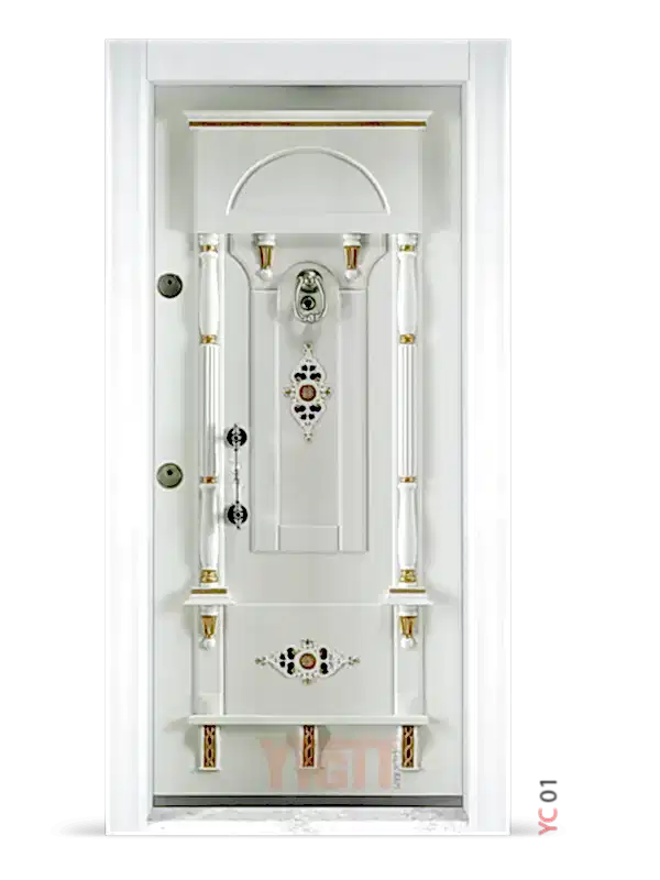 Beyaz dekoratif çelik kapı, altın detaylı klasik tasarım