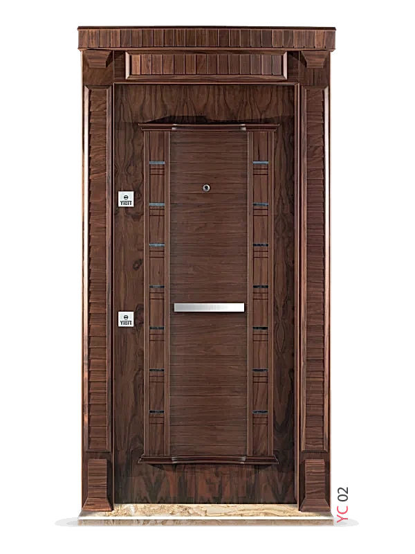 Koyu ahşap çelik güvenlik kapısı, dekoratif çerçeveli klasik tasarım