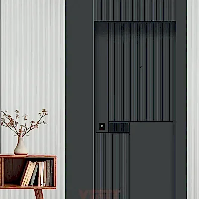 Modern gri iç kapı, minimalist tasarım ve dikey çizgili panel