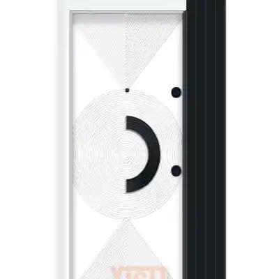 Modern gri çelik kapı, altın detaylı geometrik tasarım