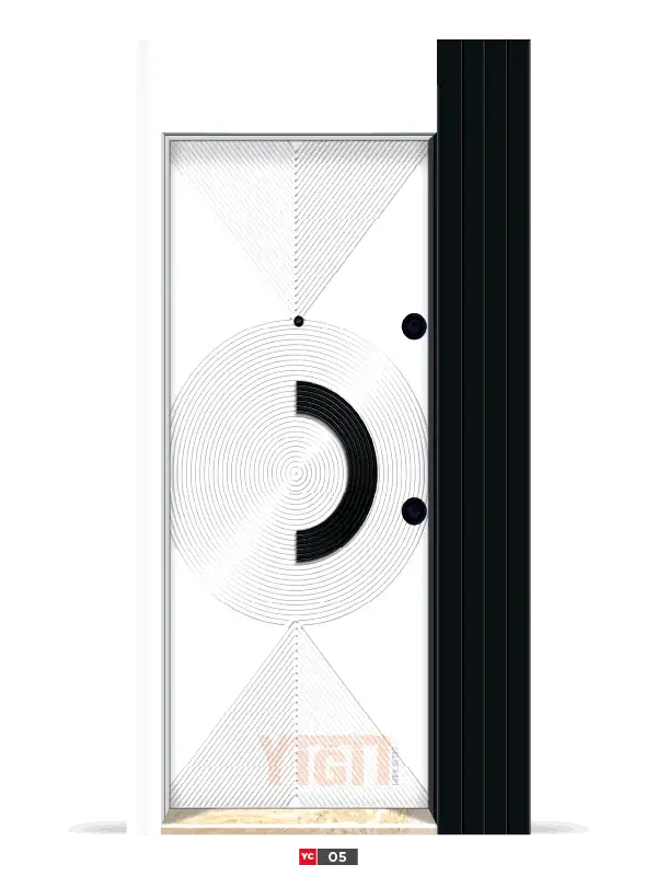 Modern gri çelik kapı, altın detaylı geometrik tasarım