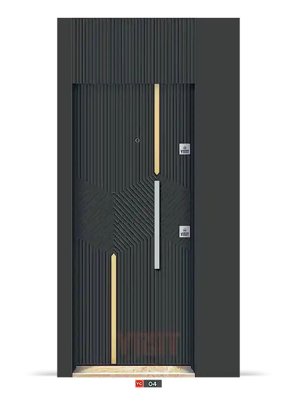 Modern geometrik desenli çelik kapı, siyah-beyaz kontrastlı tasarım	Yiğit Çelik Kapı – Geometrik Modern Model YC 05	Merkezi dairesel desen ve üçgen motiflerle tasarlanmış, siyah-beyaz kontrastlı modern çelik kapı modeli. Estetik simetri ve yüksek güvenlik özelliklerini bir arada sunar.	Yiğit Çelik Kapı’nın modern geometrik modeli YC 05.