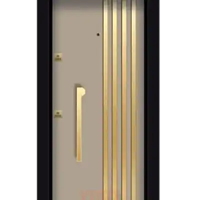 Bej mat yüzeyli modern çelik kapı, altın detaylı tasarım