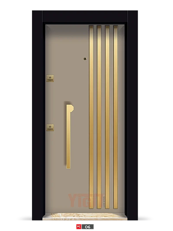 Bej mat yüzeyli modern çelik kapı, altın detaylı tasarım