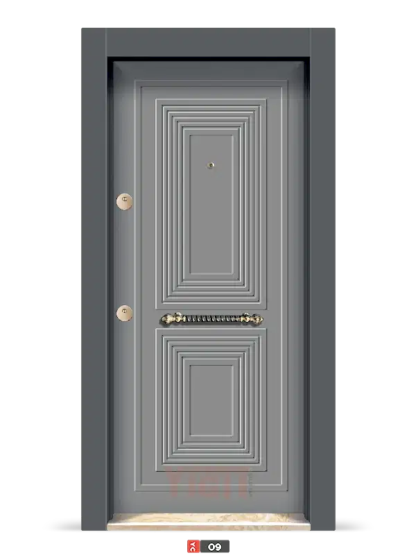 Gri çelik kapı, konsantrik dikdörtgen desenli