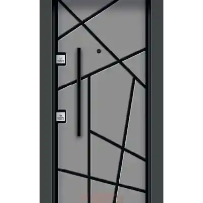 Gri çelik kapı, siyah çizgili geometrik tasarım
