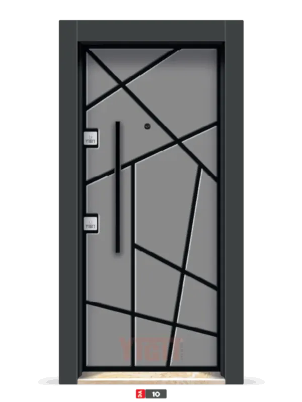 Gri çelik kapı, siyah çizgili geometrik tasarım