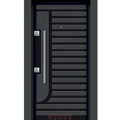 Siyah çelik kapı, yatay metal şeritli tasarım