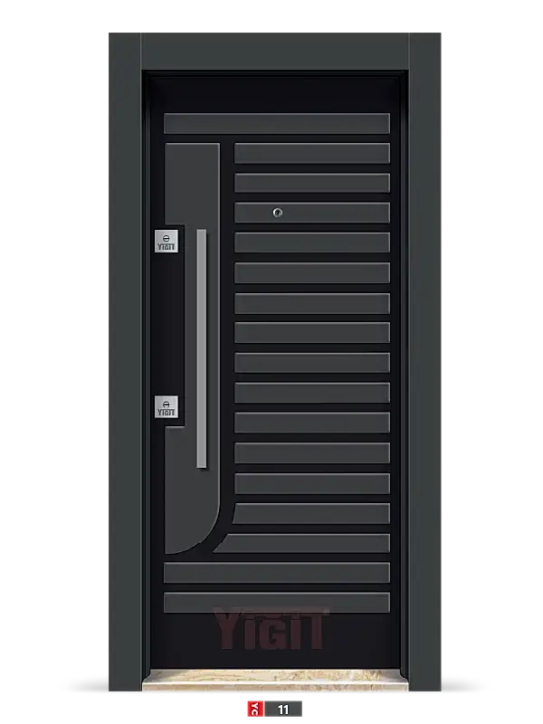 Siyah çelik kapı, yatay metal şeritli tasarım