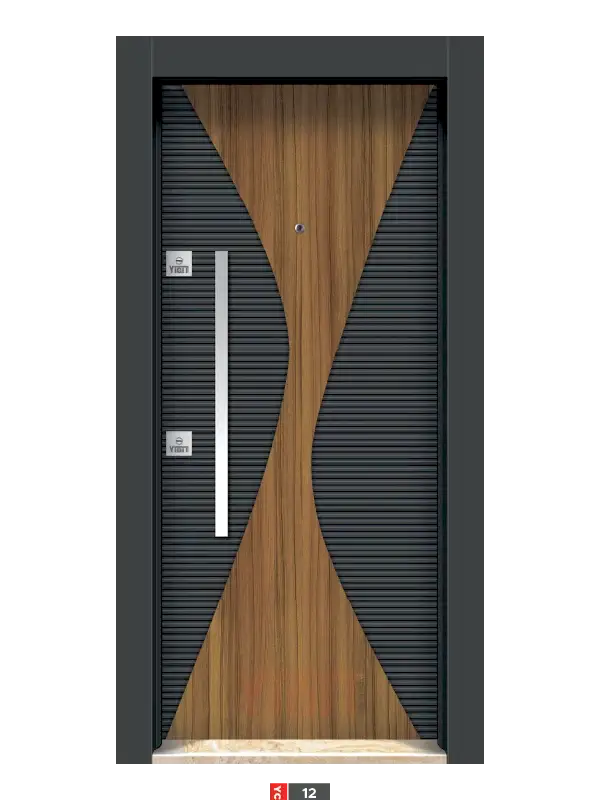 Siyah çelik kapı, yatay metal şeritli tasarım