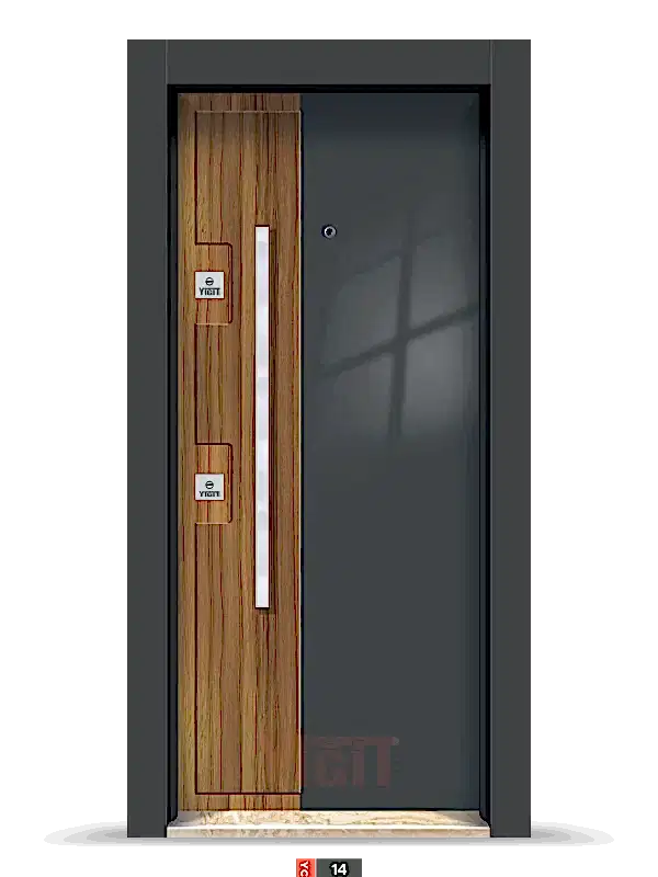 Siyah ve ahşap kombinasyonlu modern çelik kapı