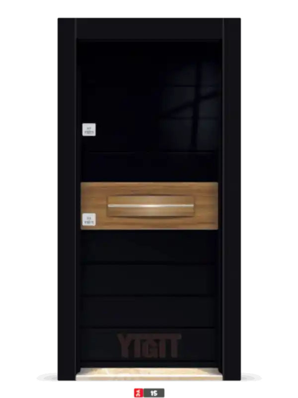 Siyah çelik kapı, yatay ahşap panelli tasarım