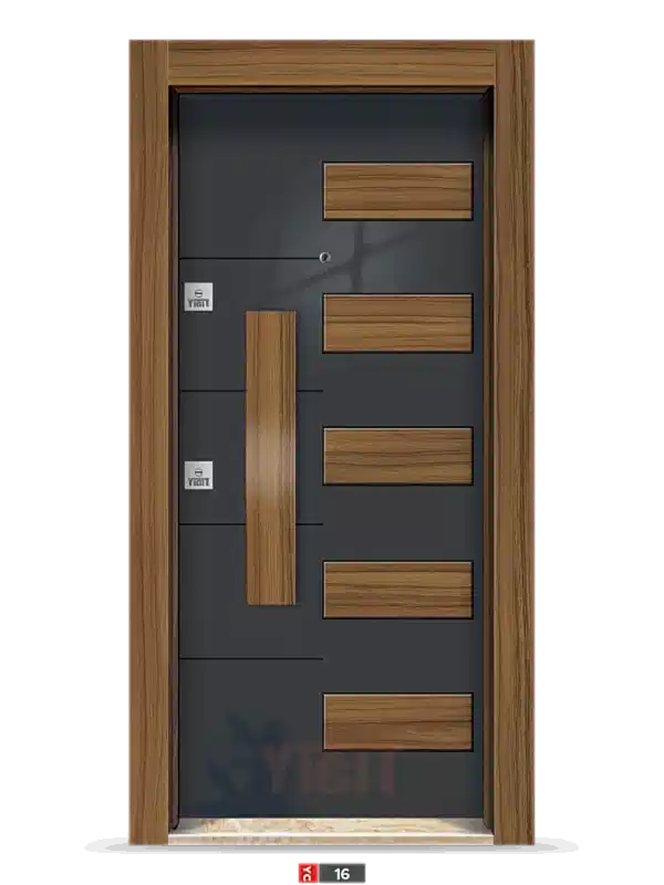 Siyah çelik kapı, yatay ahşap panelli tasarım