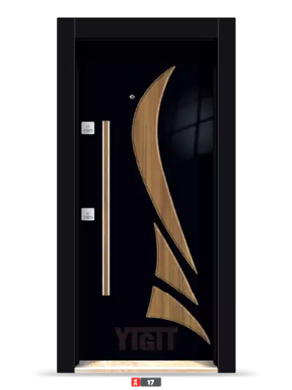 Siyah çelik kapı, artistik ahşap desenli