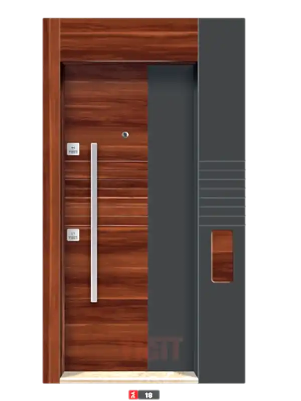 Ahşap yüzeyli modern çelik kapı, metalik kulplu