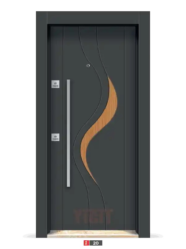 Koyu gri çelik kapı, ahşap kıvrımlı desenli