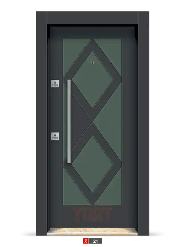 Koyu renkli çelik kapı, elmas desenli tasarım