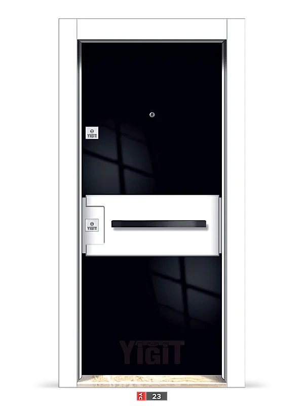 Siyah çelik kapı, beyaz yatay panel detaylı