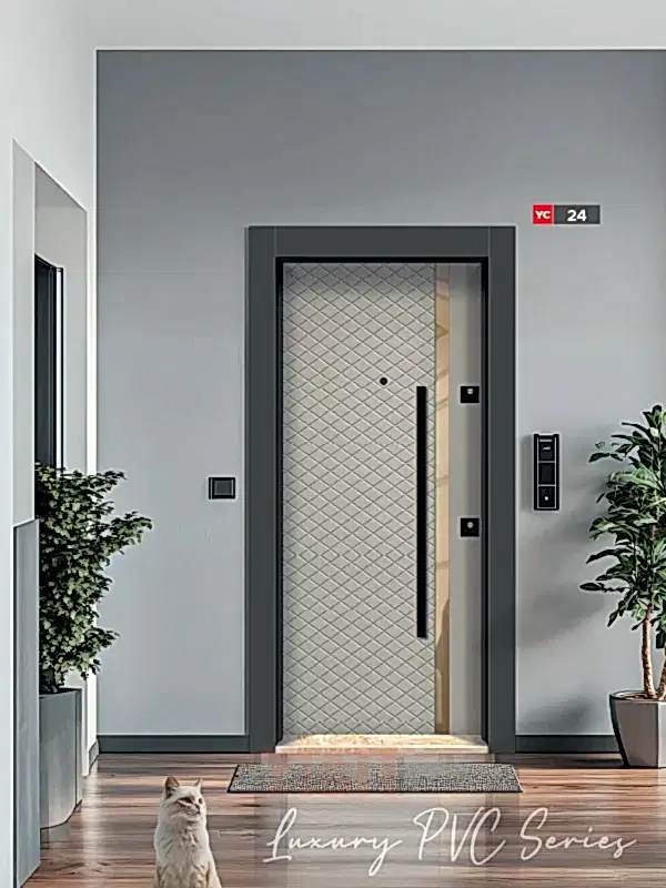 Siyah çelik kapı, elmas desenli ve dekoratif giriş