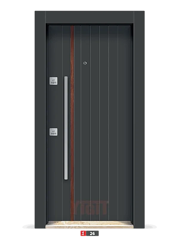 Koyu renkli çelik kapı, dikey ahşap şeritli