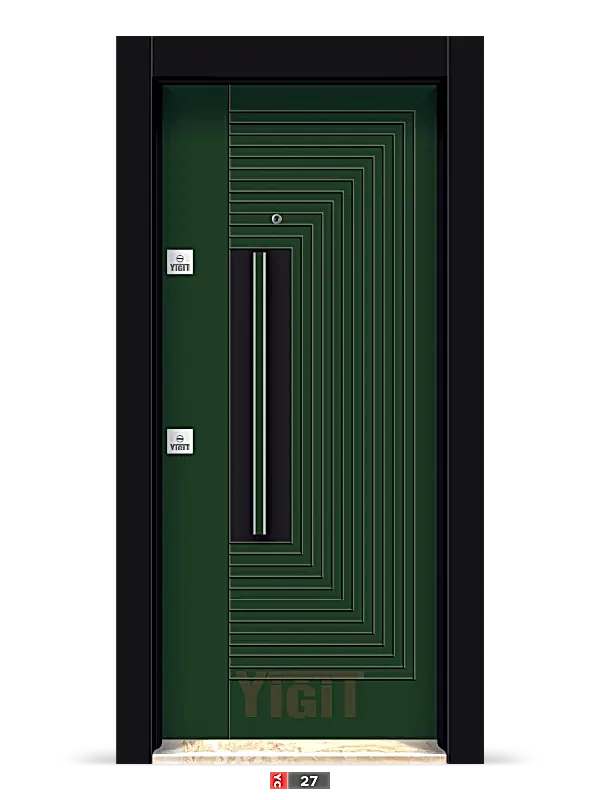 Koyu yeşil çelik kapı, geometrik dikdörtgen desenli