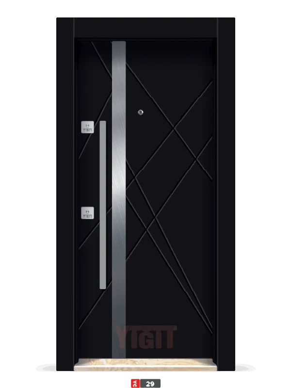 Siyah çelik kapı, çapraz çizgili geometrik tasarım