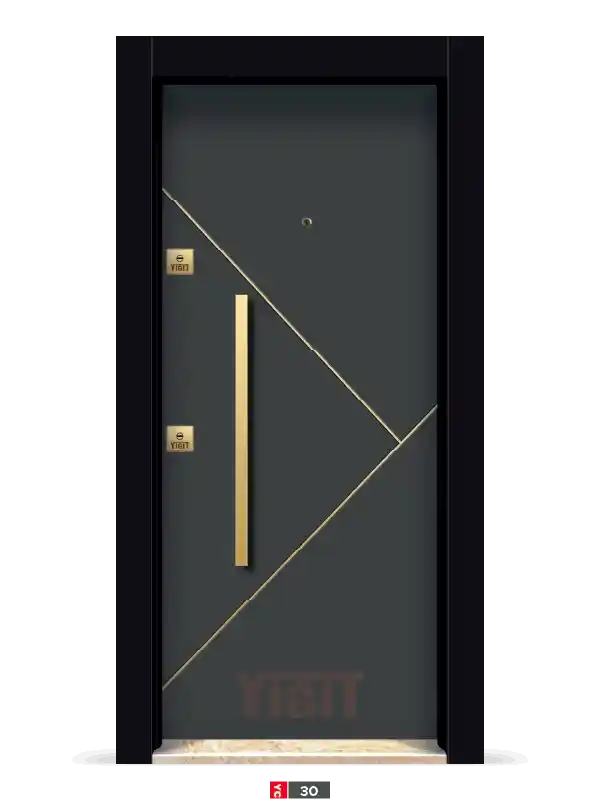 Koyu gri çelik kapı, altın çizgili geometrik tasarım