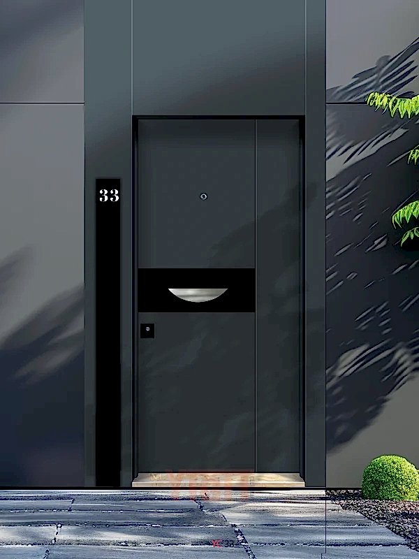 Koyu gri çelik kapı, yatay siyah panel ve dairesel kulplu
