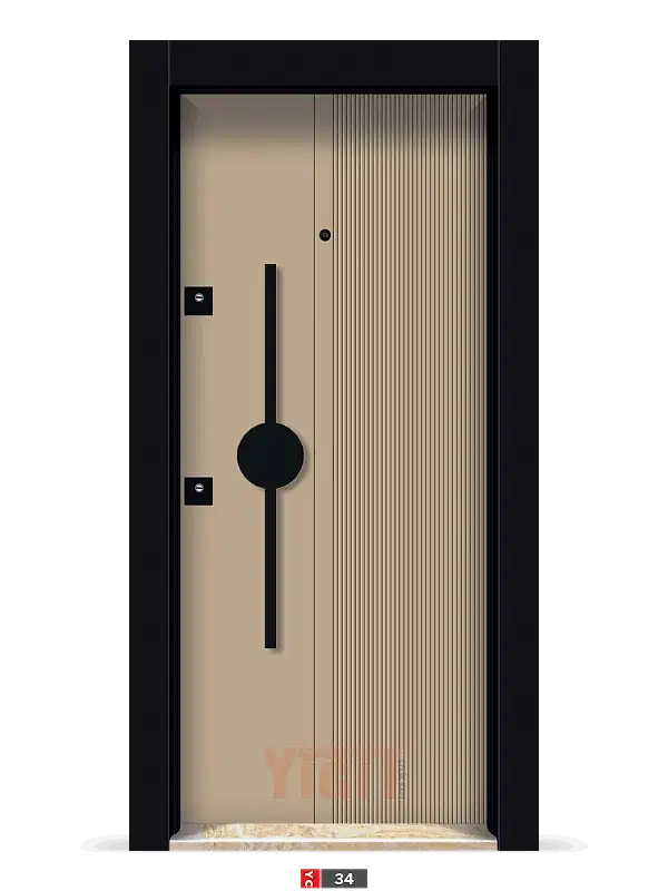 Bej çelik kapı, siyah dairesel detaylı