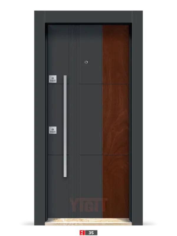 Siyah ve ahşap kombinasyonlu çelik kapı