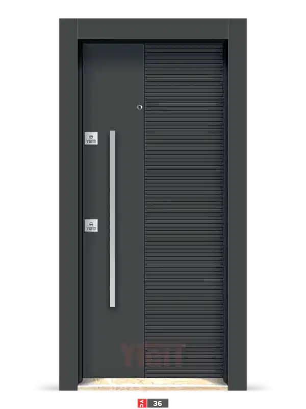 Koyu renkli çelik kapı, yatay çizgili minimalist tasarım