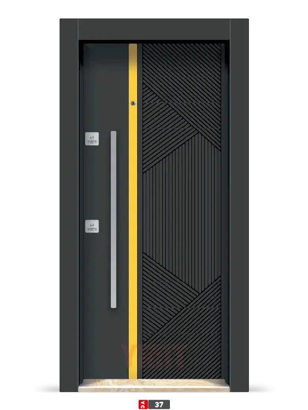 Siyah çelik kapı, altın detaylı geometrik tasarım