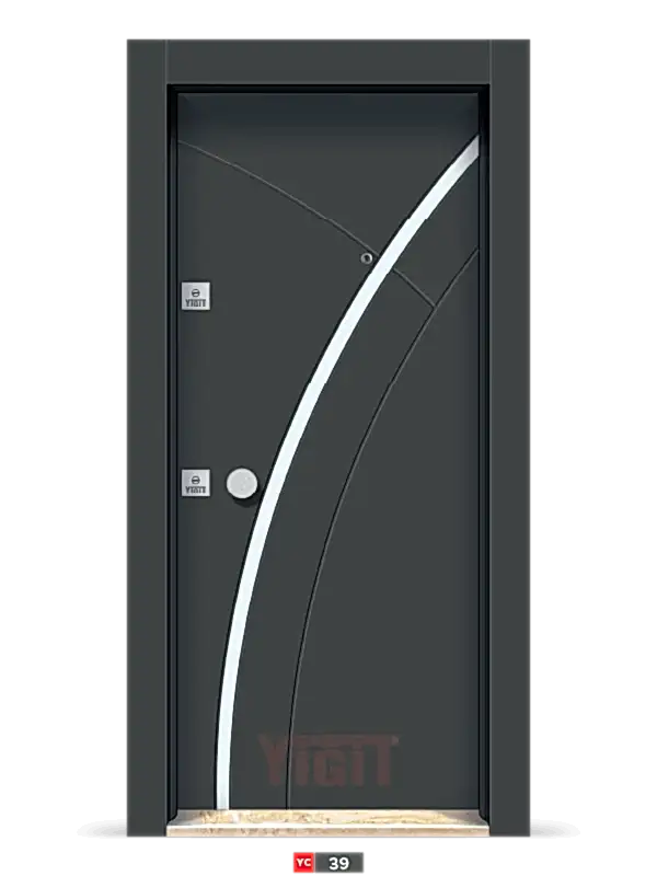 Koyu renkli çelik kapı, beyaz kıvrımlı çizgili tasarım